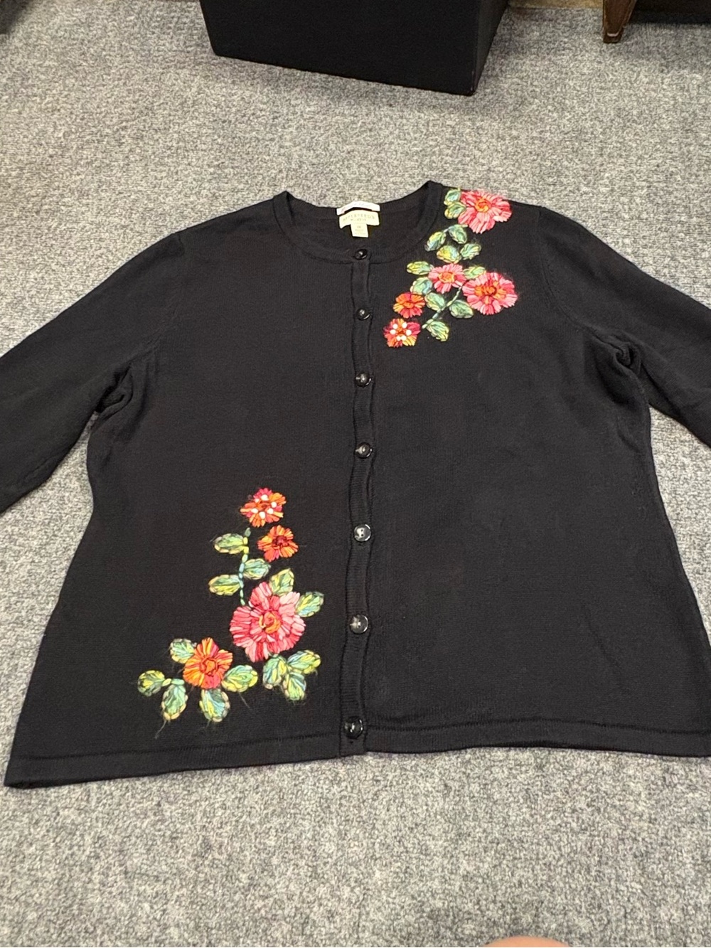 Appleseed's Black Button-Up Cardigan with Multicolor Floral Embroidery